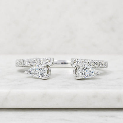 Twin Pear Cut Lab Made Diamond Open Cuff Wedding Band / Conflict Free Diamond Accent Set Bridal Band / 14K Solid Gold Diamond Two Stone Band
