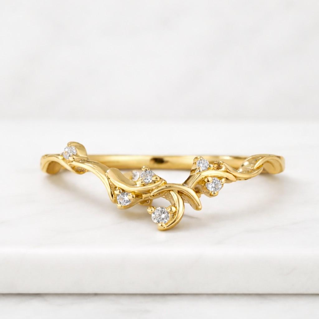 nature inspired twig leafy vine wedding band, round lab grown engagement ring, floral chevron stacking band, 14k gold curved matching band