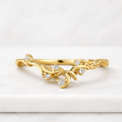 Nature Inspired Twig Leafy Vine Wedding Band, Round Lab Grown Engagement Ring, Floral Chevron Stacking Band, 14K Gold Curved Matching Band