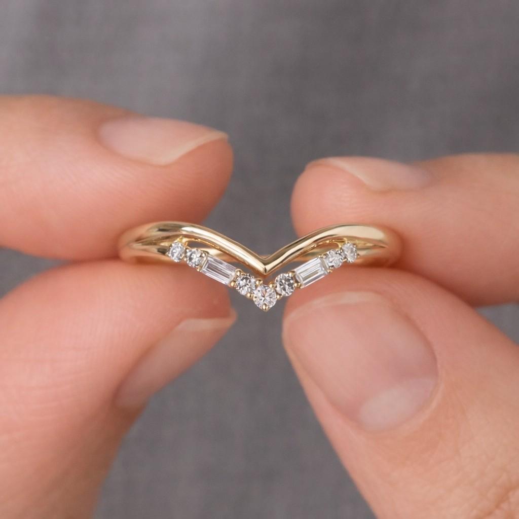 Custom Curved Gold Wedding Band Real Lab Grown Diamond Stacking Ring Chevron Ring in 10k 14k 18k Gold Birthday & Anniversary Gift for Wife