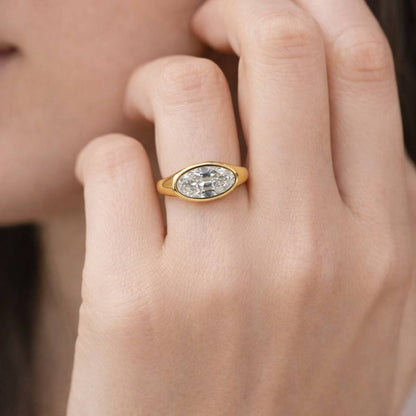 East West Oval Moissanite Engagement Ring 14K Gold Bezel Set Ring Horizontal Oval Solitaire Minimalist Wedding Ring
