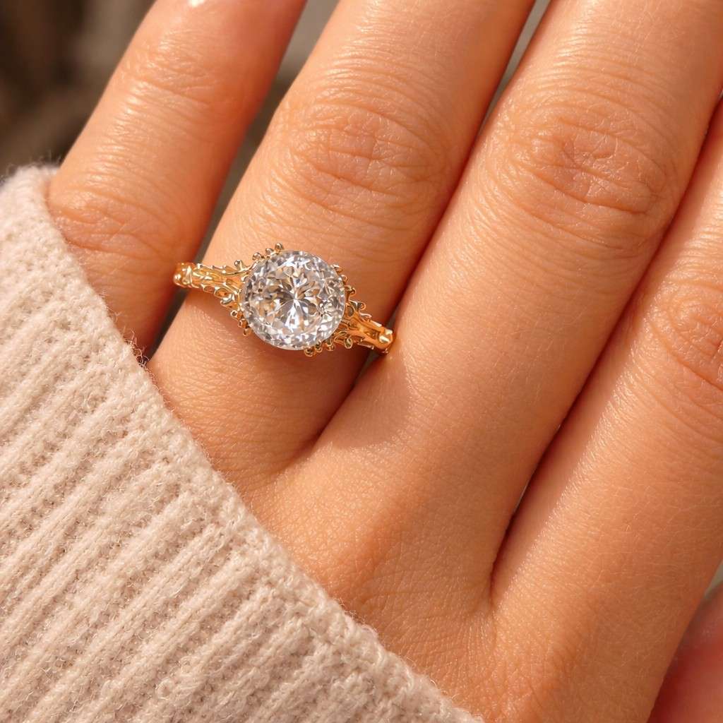 Filigree Vintage Engraved Band, Round Cut Lab Grown Diamond Engagement Ring, 14K Rose Gold Solitaire Ring, Antique Style Engagement Ring
