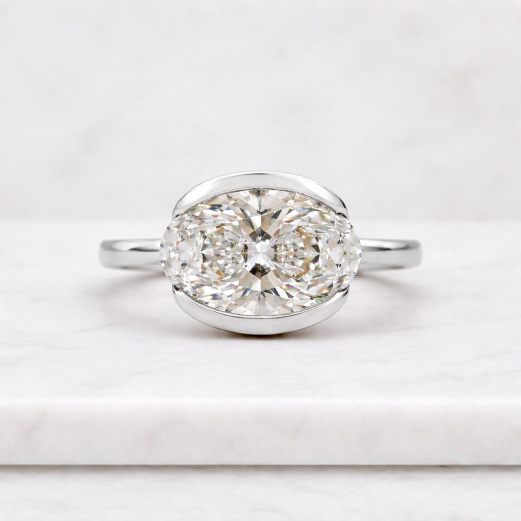 east west oval cut engagement ring, 2 carat oval moissanite solitaire diamond ring, 14k yellow gold half bezel set engagement ring for women

