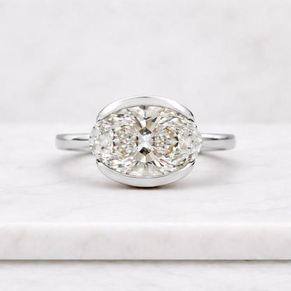 East West Oval Cut Engagement Ring, 2 carat Oval Moissanite Solitaire Diamond Ring, 14k Yellow Gold Half Bezel Set Engagement Ring for Women
