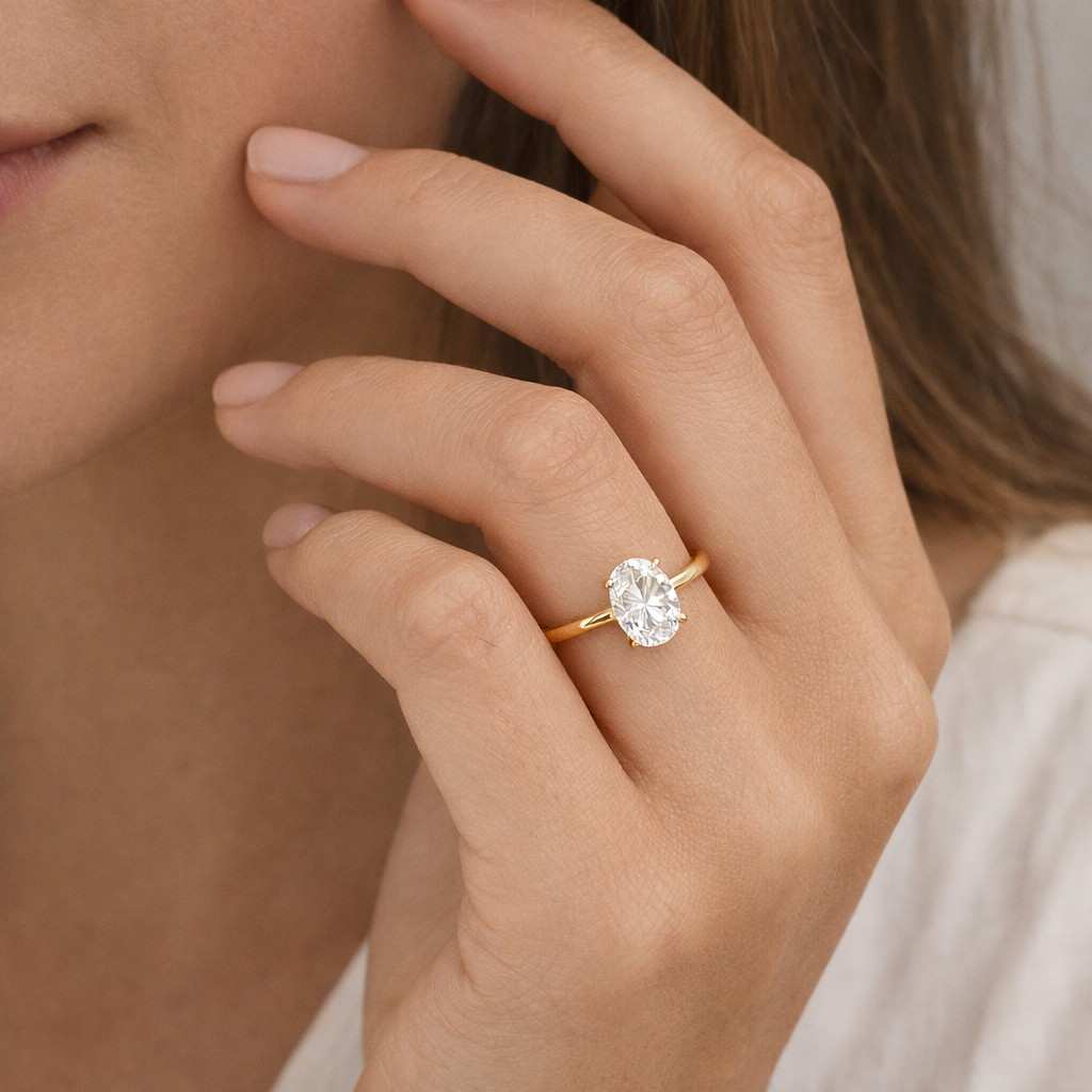 3ct oval cut moissanite engagement ring, 14k solid gold solitaire ring, minimalist oval diamond ring for women, hidden halo wedding ring
