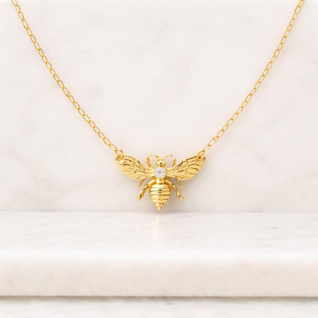 Bee And Disc Necklace 14K or 18K Real Gold, Solid Gold Wasp With Initials Disc, Honey Bee Custom Initials Disc Pendant, Great Gift for Her
