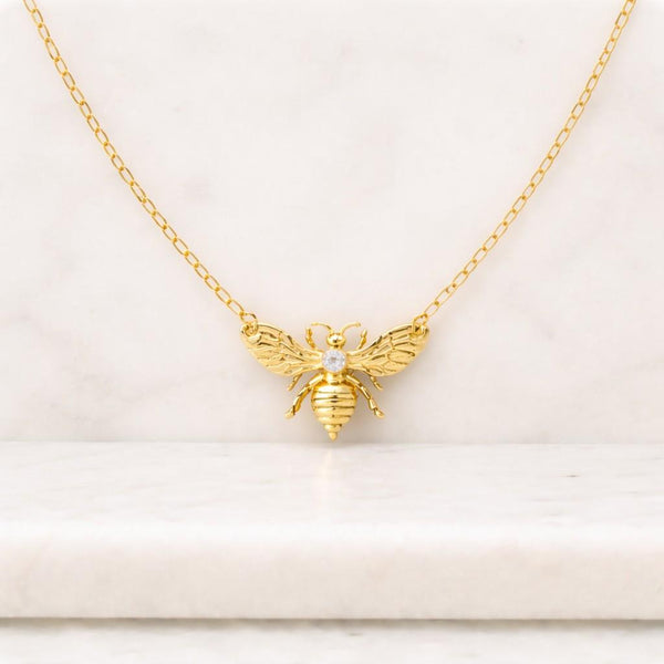 Bee And Disc Necklace 14K or 18K Real Gold, Solid Gold Wasp With Initials Disc, Honey Bee Custom Initials Disc Pendant, Great Gift for Her
