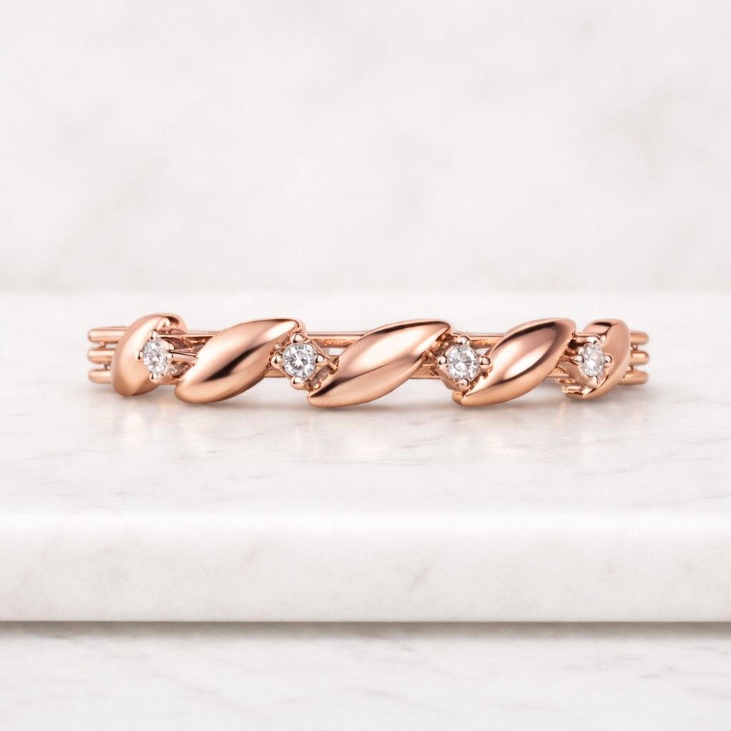 tulip floral and leaf wave style wedding band, round lab grown diamond eternity band, 14k solid gold engagement ring, stacking ring for her
