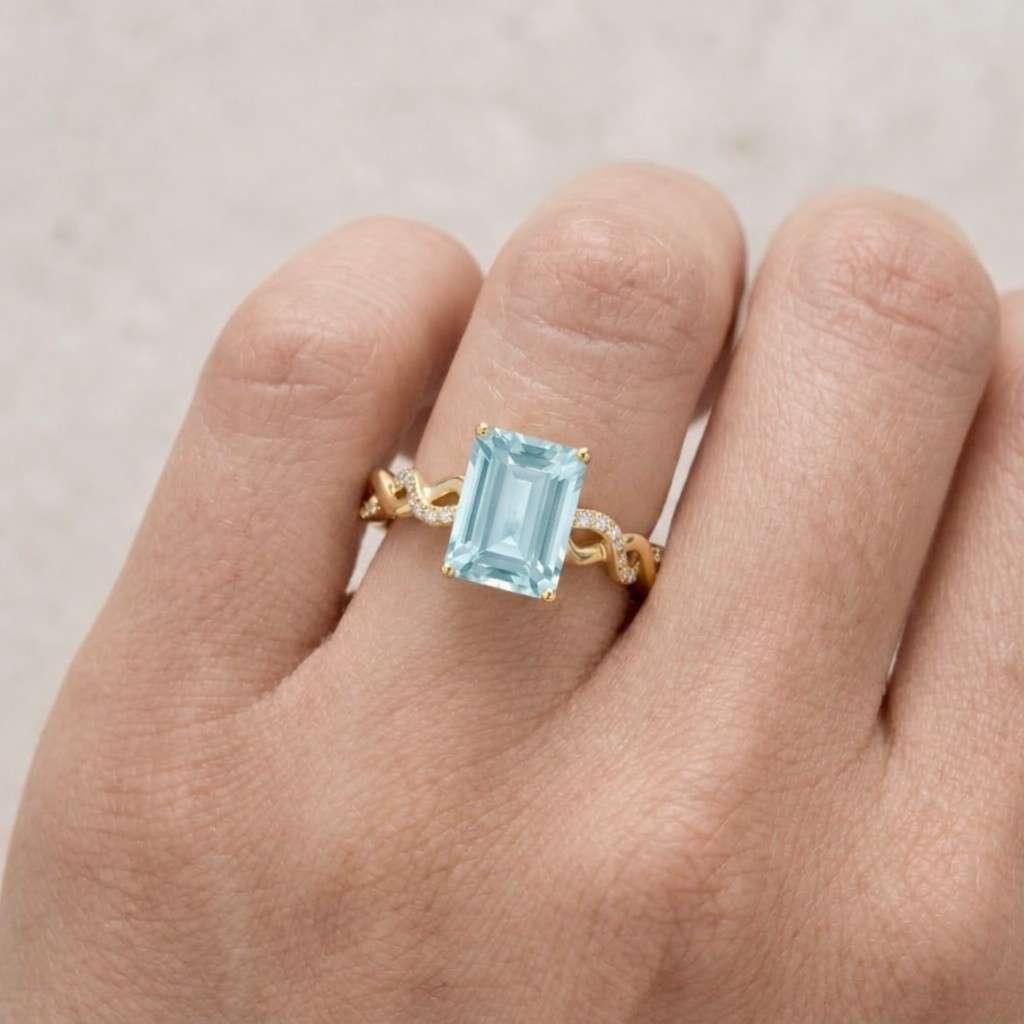 infinity aquamarine engagement ring | twisted aquamarine ring | aquamarine ring rose gold | moissanite custer ring | art deco ring

