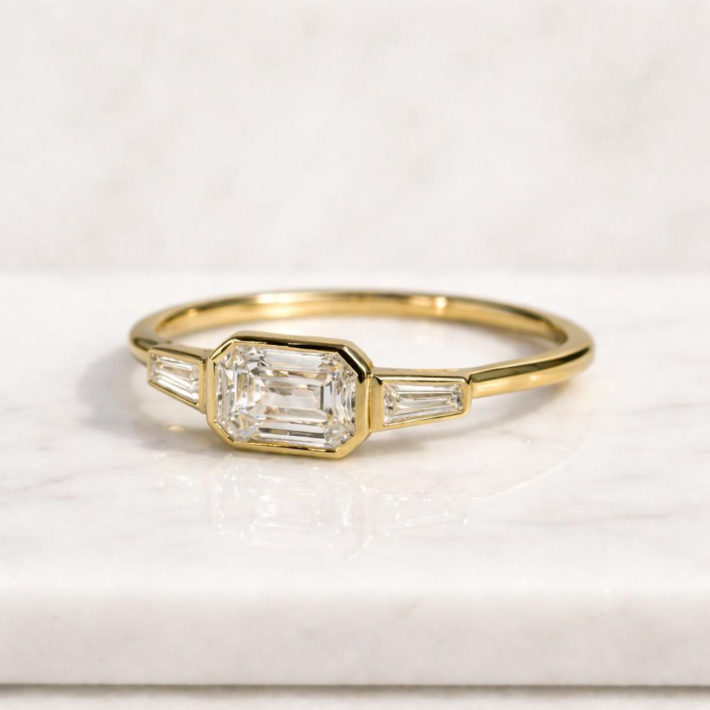 octagon ring emerald ring baguette accent ring bezel gemstone ring center stone ring slim ring stacking ring bridal jewelry wedding ring engagement jewelry fine ring