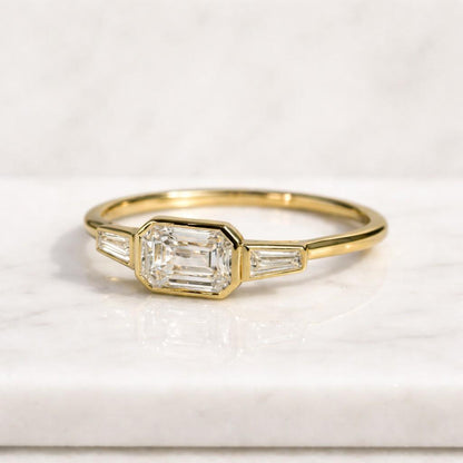 octagon ring emerald ring baguette accent ring bezel gemstone ring center stone ring slim ring stacking ring bridal jewelry wedding ring engagement jewelry fine ring