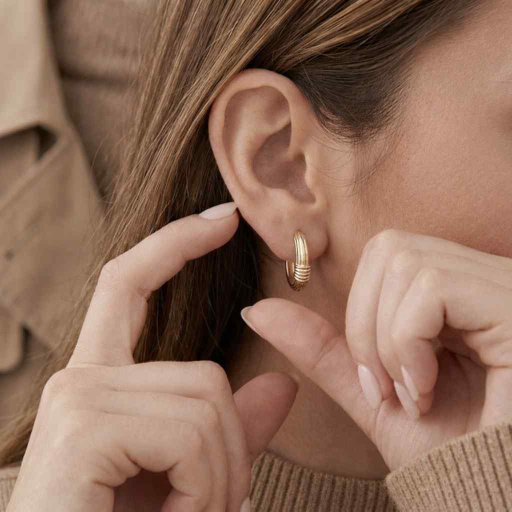 Chunky Ribbed Hoops, Wide Huggie Earrings in 14k Solid Gold