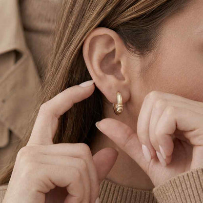Chunky Ribbed Hoops, Wide Huggie Earrings in 14k Solid Gold