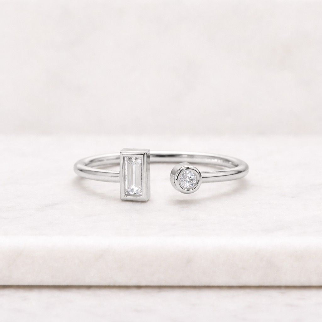 Open Wedding Band, 14k Gold Gap Wedding Ring, Round & Baguette Cut Open Cuff Wedding Band, Moissanite Wedding Ring, Matching Stacking Ring
