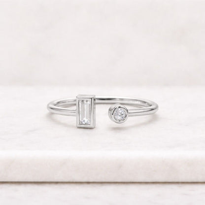 Open Wedding Band, 14k Gold Gap Wedding Ring, Round & Baguette Cut Open Cuff Wedding Band, Moissanite Wedding Ring, Matching Stacking Ring
