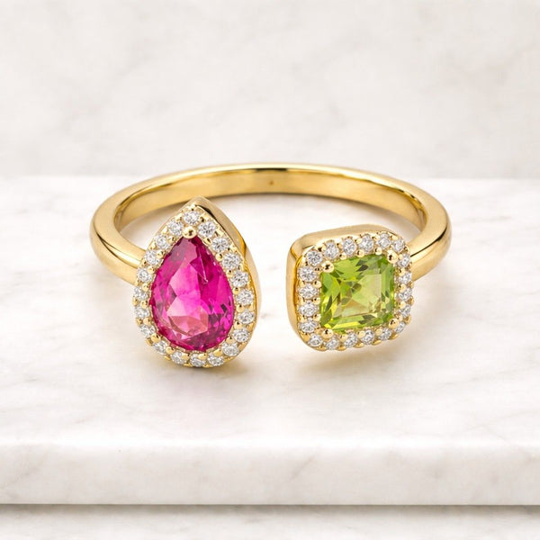 open ring gemstone ring gold ring adjustable ring bypass ring halo ring statement ring colorful ring pink stone ring green stone ring double stone ring