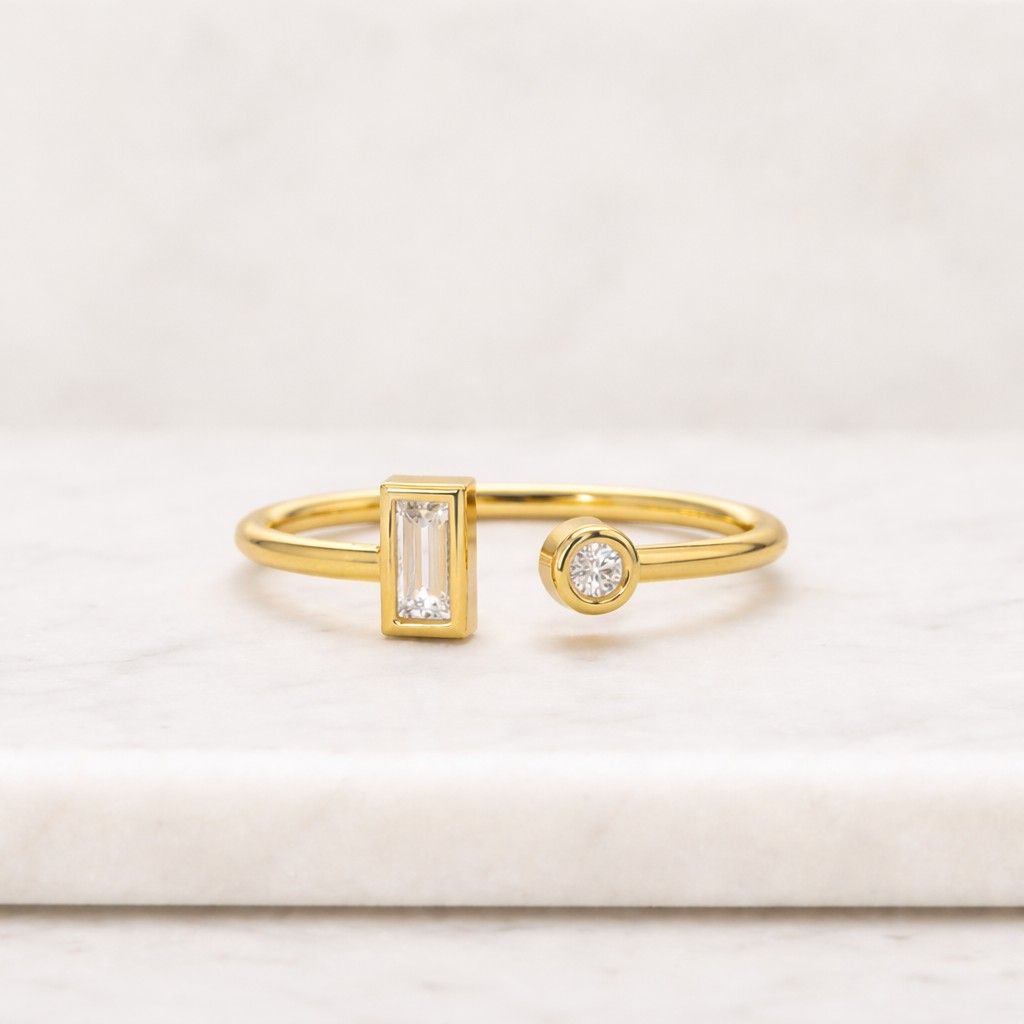 round & baguette cut open cuff wedding band, bezel set promise dainty ring anniversary gift for her, solid gold open gap band, gift for love
