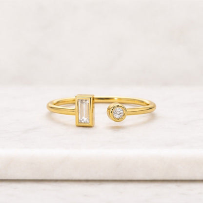 Round & Baguette Cut Open Cuff Wedding Band, Bezel Set Promise Dainty Ring Anniversary Gift For Her, Solid Gold Open Gap Band, Gift For Love
