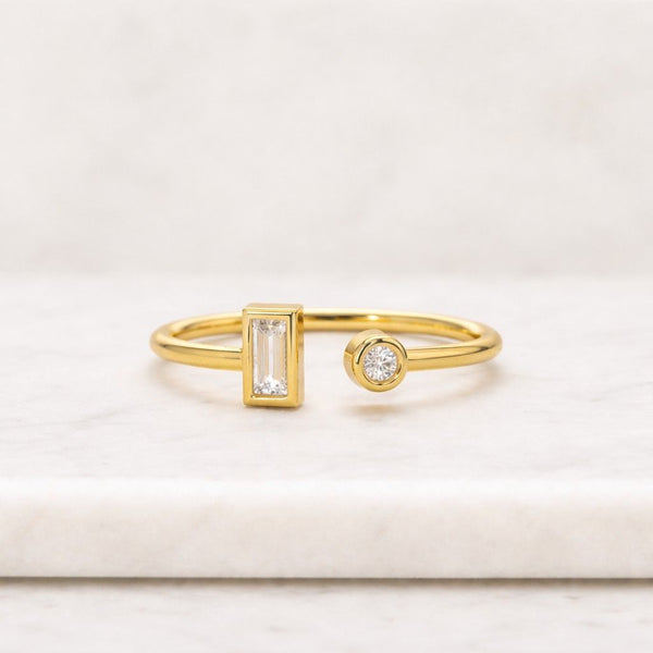 Round & Baguette Cut Open Cuff Wedding Band, Bezel Set Promise Dainty Ring Anniversary Gift For Her, Solid Gold Open Gap Band, Gift For Love
