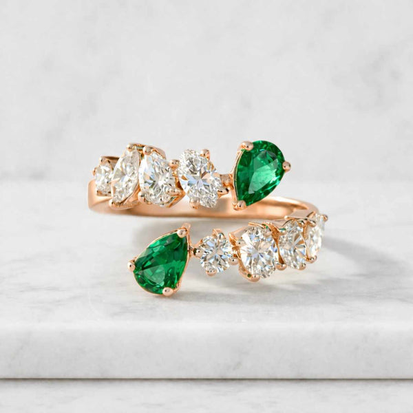 Handmade 18K White Gold Emerald and Diamond Bypass Ring
