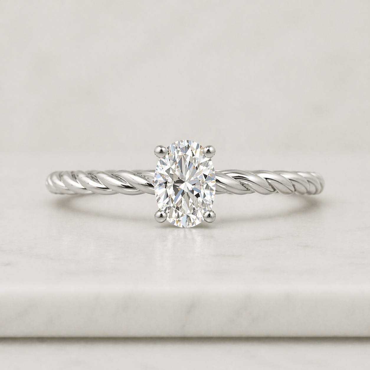 1 CT Oval Shape Lab Created Diamond Engagement Ring with Hidden Halo and Twisted Rope Band