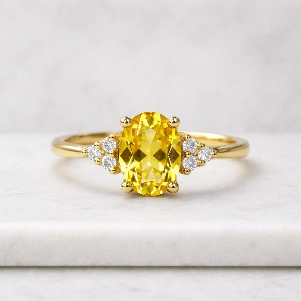 3 Carat Oval Cut Yellow Saphire Engagement Ring - Three Stone Wedding Ring - 14K Solid Gold Promise Ring - Special Anniversary Gift RIng
