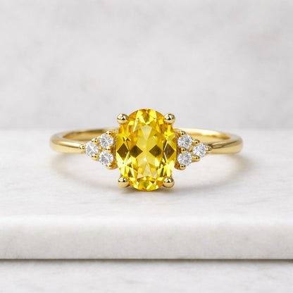 3 Carat Oval Cut Yellow Saphire Engagement Ring - Three Stone Wedding Ring - 14K Solid Gold Promise Ring - Special Anniversary Gift RIng