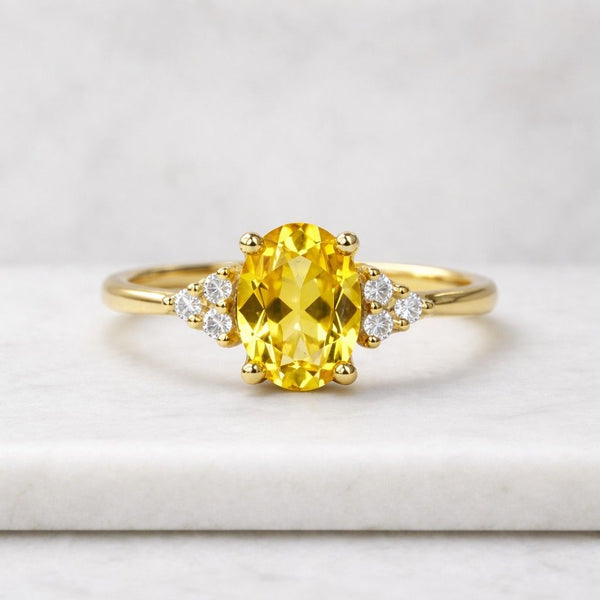 3 Carat Oval Cut Yellow Saphire Engagement Ring - Three Stone Wedding Ring - 14K Solid Gold Promise Ring - Special Anniversary Gift RIng