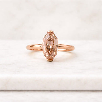 Champagne Oval Cut Lab Grown Diamond Engagement Ring, Solitaire Wedding Ring, In 14K Gold, Half Bezel Set Anniversary Ring
