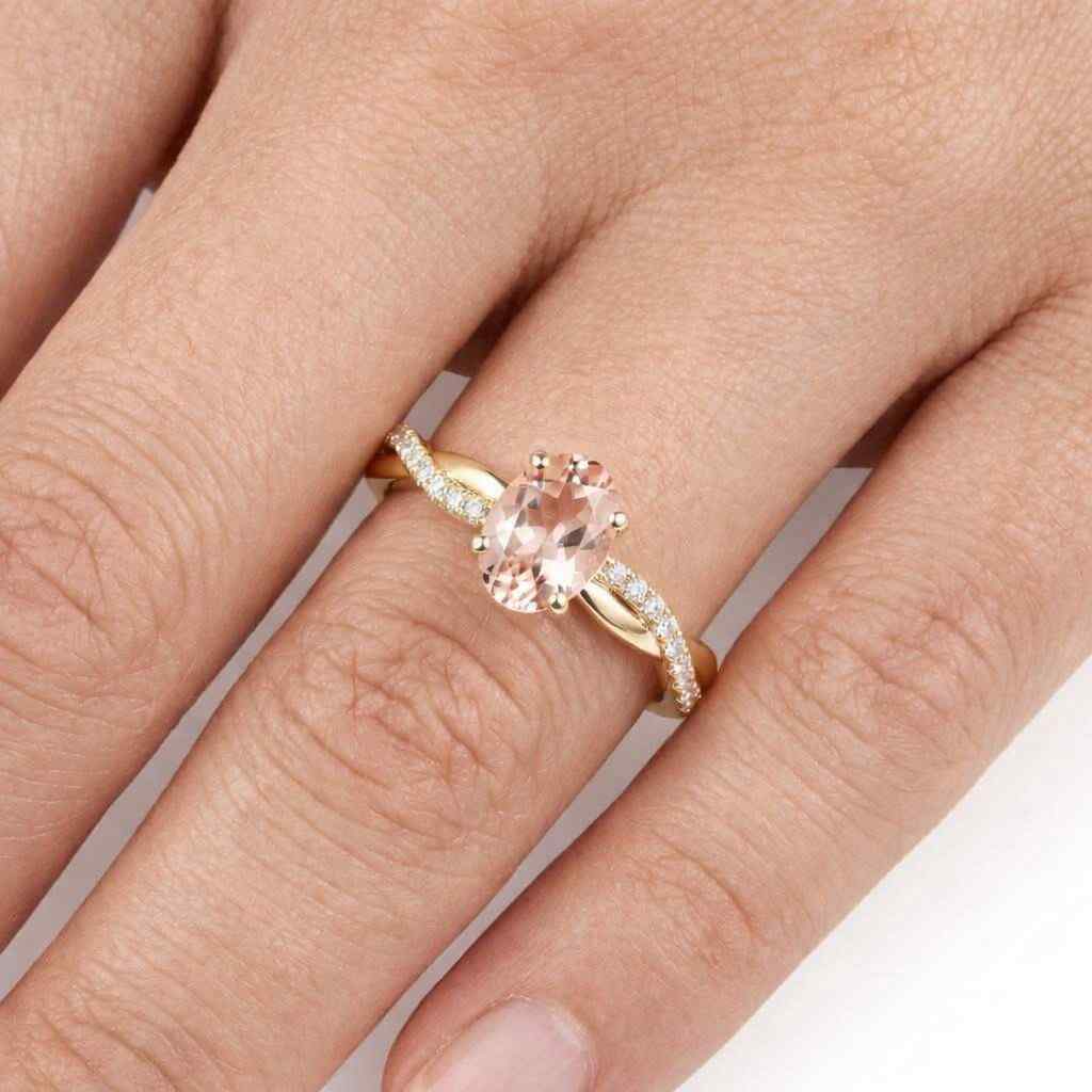 pink oval lab diamond ring, three stone statement ring, anniversary gift for her