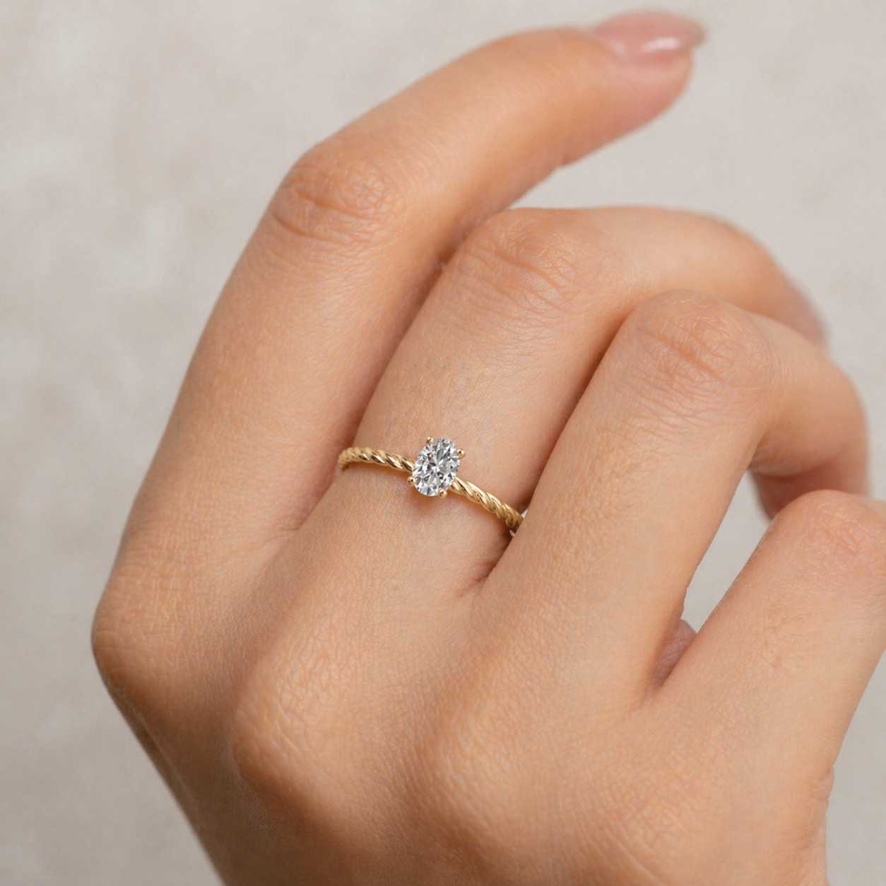 twisted rope style solitaire ring, oval cut lab grown diamond engagement ring, 14k white gold antique bridal ring, modern handmade ring