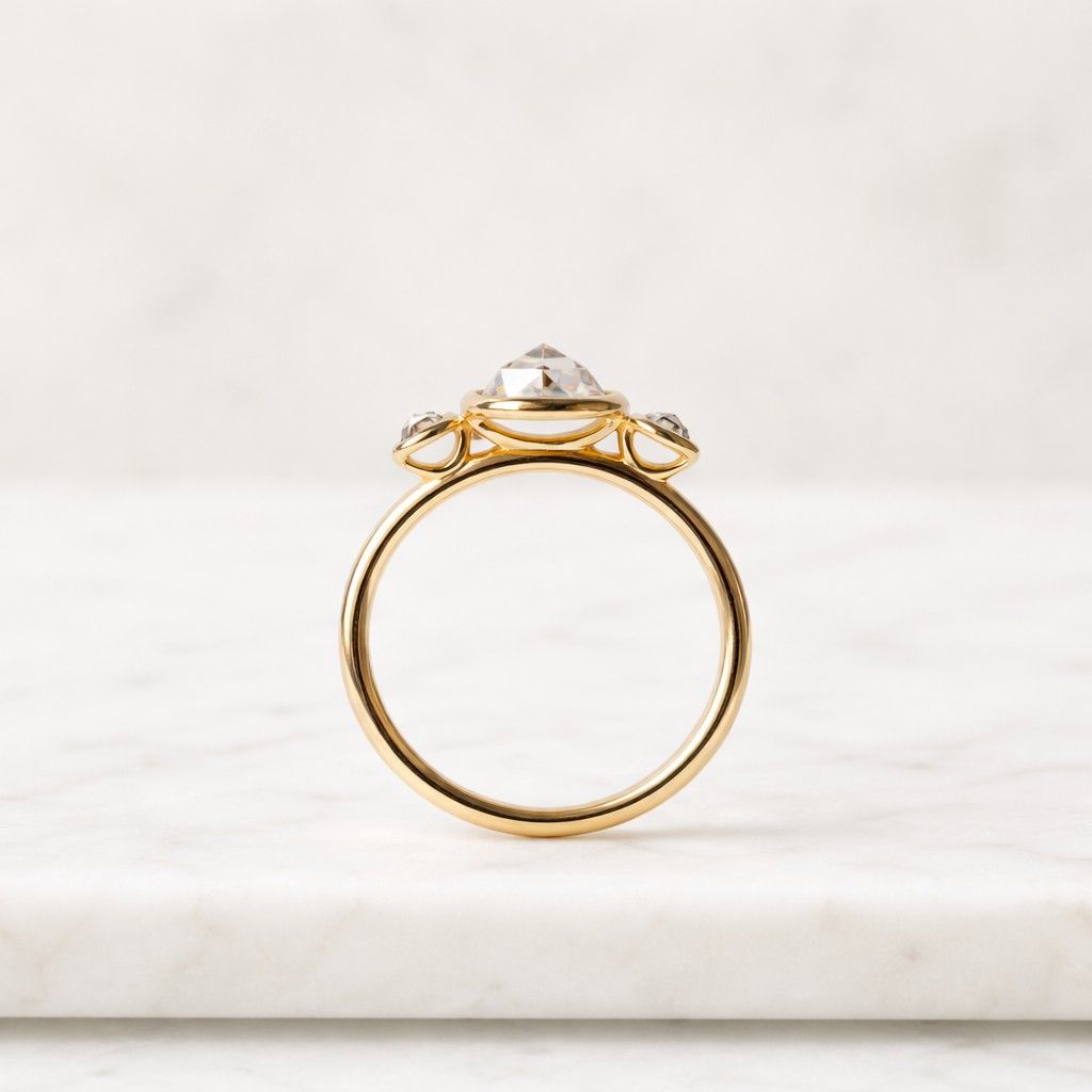 Bezel Set Elongated Oval Cut Engagement Ring, Three Stone Lab Grown Diamond Band