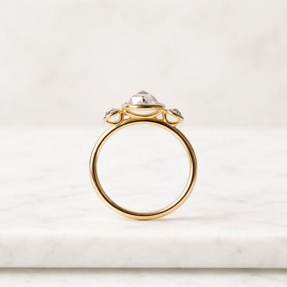 Bezel Set Elongated Oval Cut Engagement Ring, Three Stone Lab Grown Diamond Band