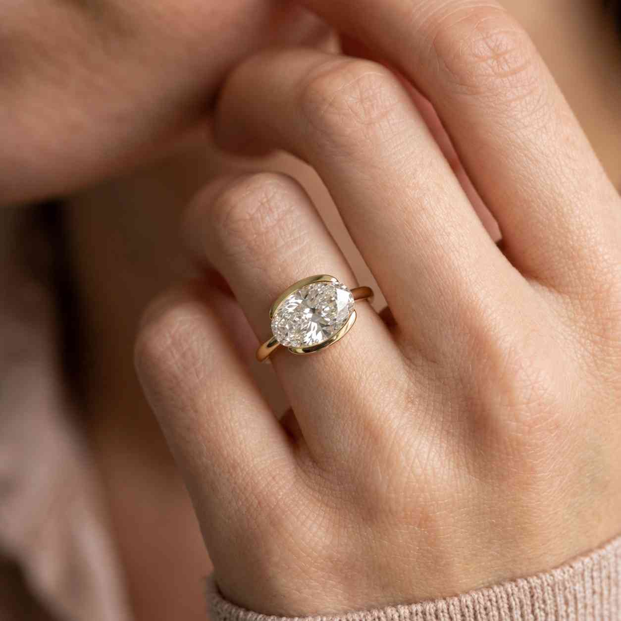 East West Oval Moissanite Ring, 14K Yellow Gold Half Bezel Solitaire, Art Deco Engagement Ring, Minimalist Wedding Ring, Gift For Women
