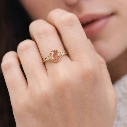 Pink Oval Cut Engagement Ring, Half Bezel Set Bypass Style Ring, 14K Gold Solitaire Ring, Lab Grown Diamond Promise Ring, Bridal Jewelry