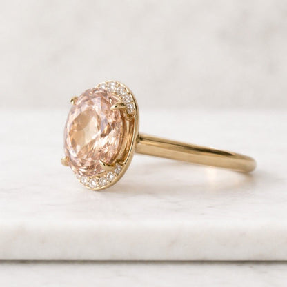 Solid Gold Hidden Halo Oval Cut Pink Moissanite Engagement Ring Star Engraved Band