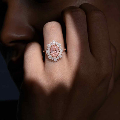 oval engagement ring pink center stone floral cluster ring halo engagement ring flower diamond ring petal ring unique engagement ring luxury engagement ring elegant bridal ring