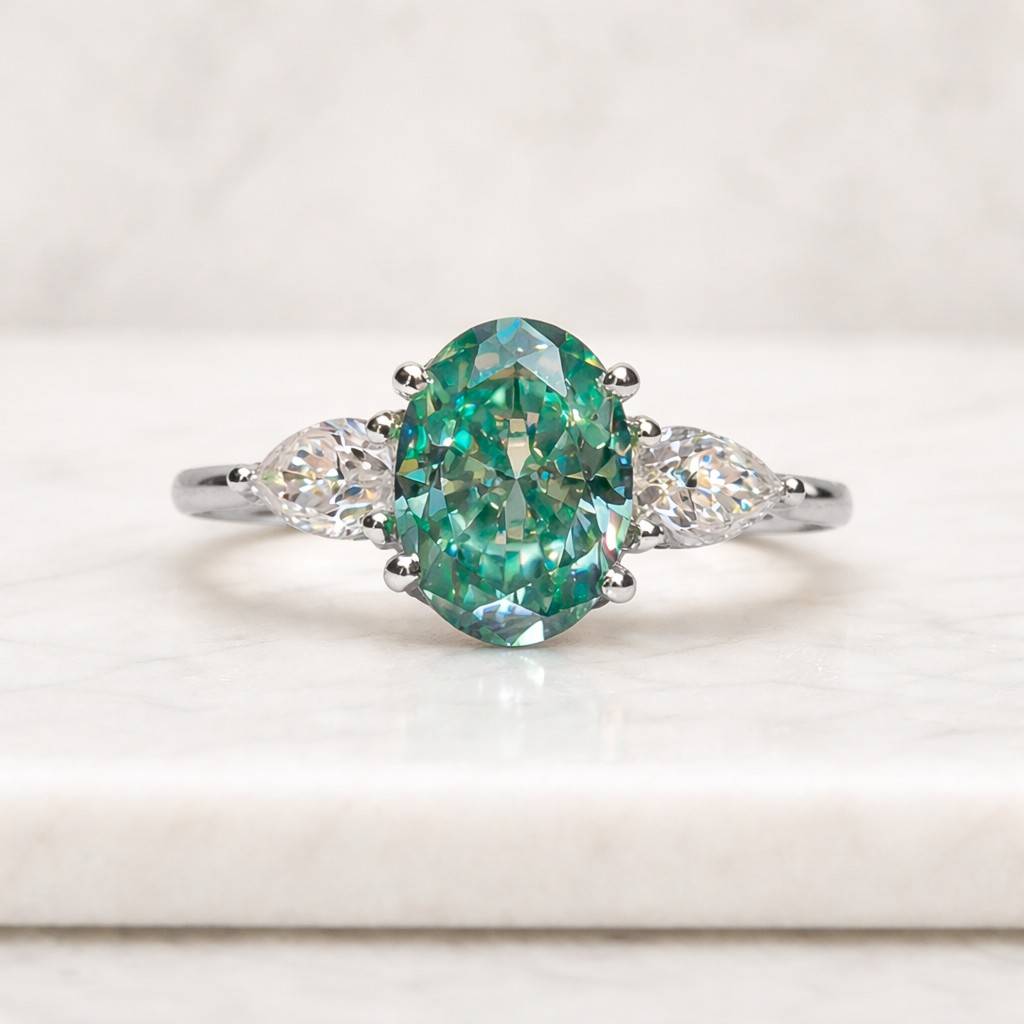 oval engagement ring three stone ring green gemstone ring teal stone ring oval cut ring marquise side stones white metal ring solitaire style ring statement ring women ring