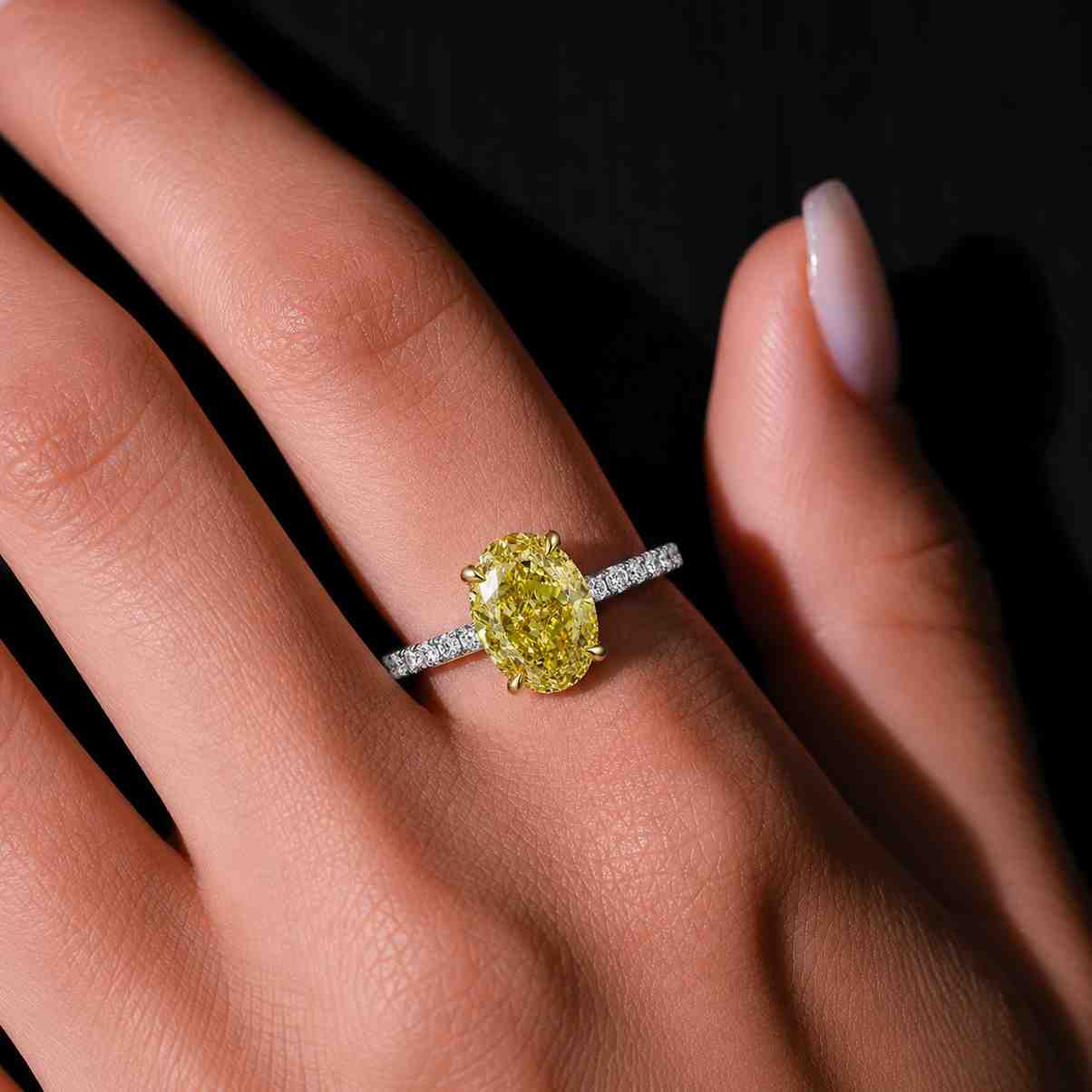 oval engagement yellow diamond lab diamond oval diamond diamond ring yellow gemstone solitaire diamond pave diamonds hidden halo thin band