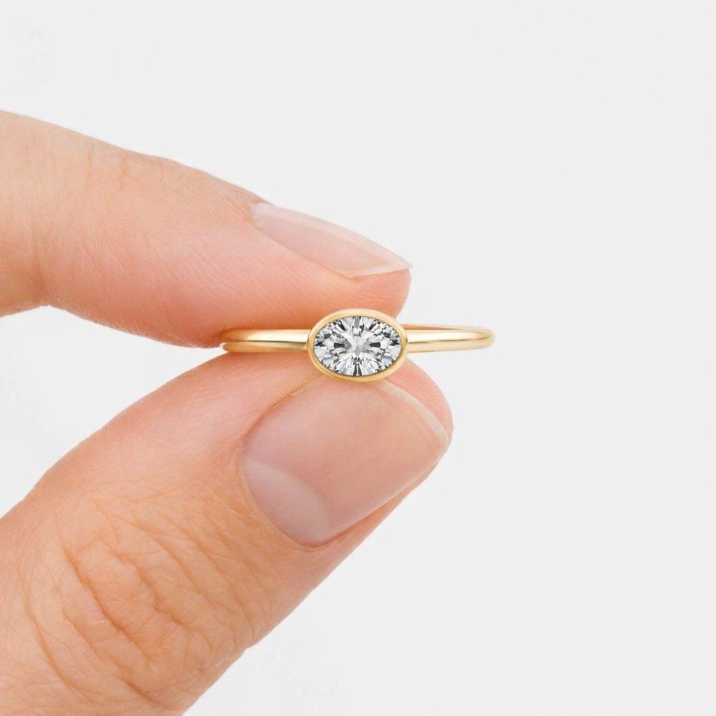 3 ct oval cut engagement ring, bezel set moissanite or lab grown diamond, 14k yellow gold minimalist bridal ring, gift for her