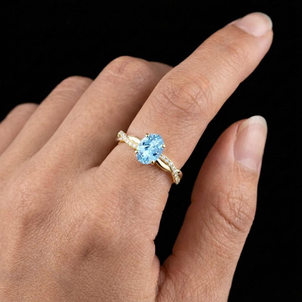 oval moissanite bypass pavé engagement ring, hidden halo wedding band, gold bridal promise ring
