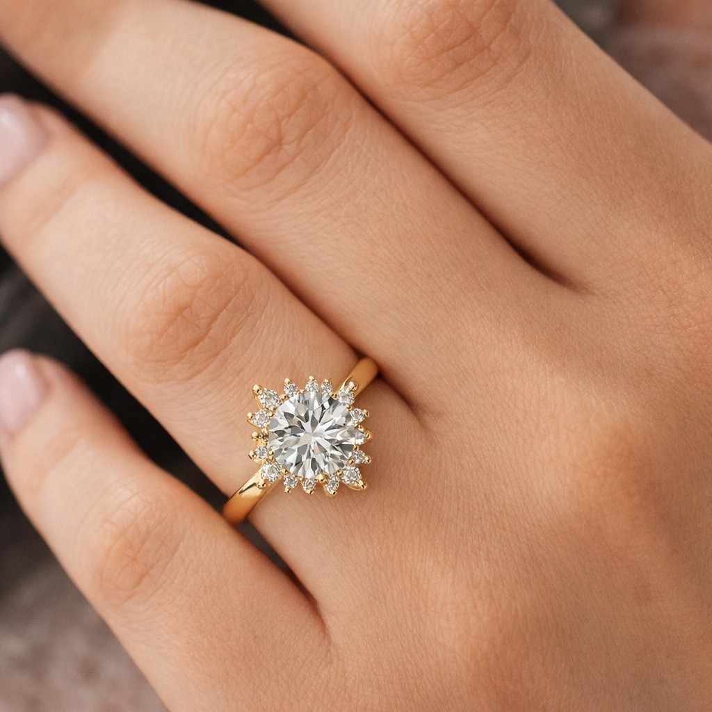 round moissanite halo engagement ring, 14k solid gold floral cluster ring, vintage bridal ring, unique promise ring anniversary gift for her
