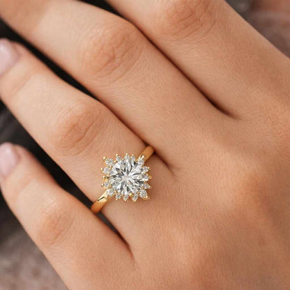Round Moissanite Halo Engagement Ring, 14K Solid Gold Floral Cluster Ring, Vintage Bridal Ring, Unique Promise Ring Anniversary Gift for Her

