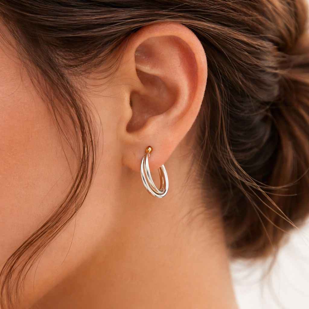 14K Solid Gold Two Tone Hoop Earrings, Interlocking Mixed Metal Double Hoops, Diamond Cut White Gold Textured Huggies, Gift for Her
