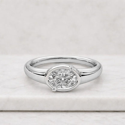 East To West 3CT Oval Cut Moissanite Bezel Set Solitaire Ring, Paired With Matching Curved Shape Plain Band, 925 Silver Bridal Ring Set
