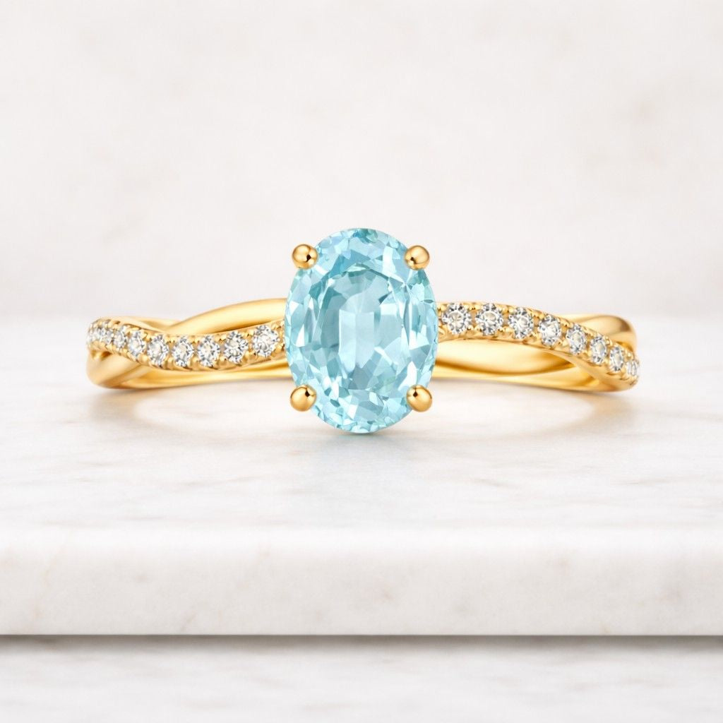 1ct-3ct oval cut petite twist vine moissanite engagement ring 14k yellow gold art nouveau inspired with pave diamond accents ideal for women
