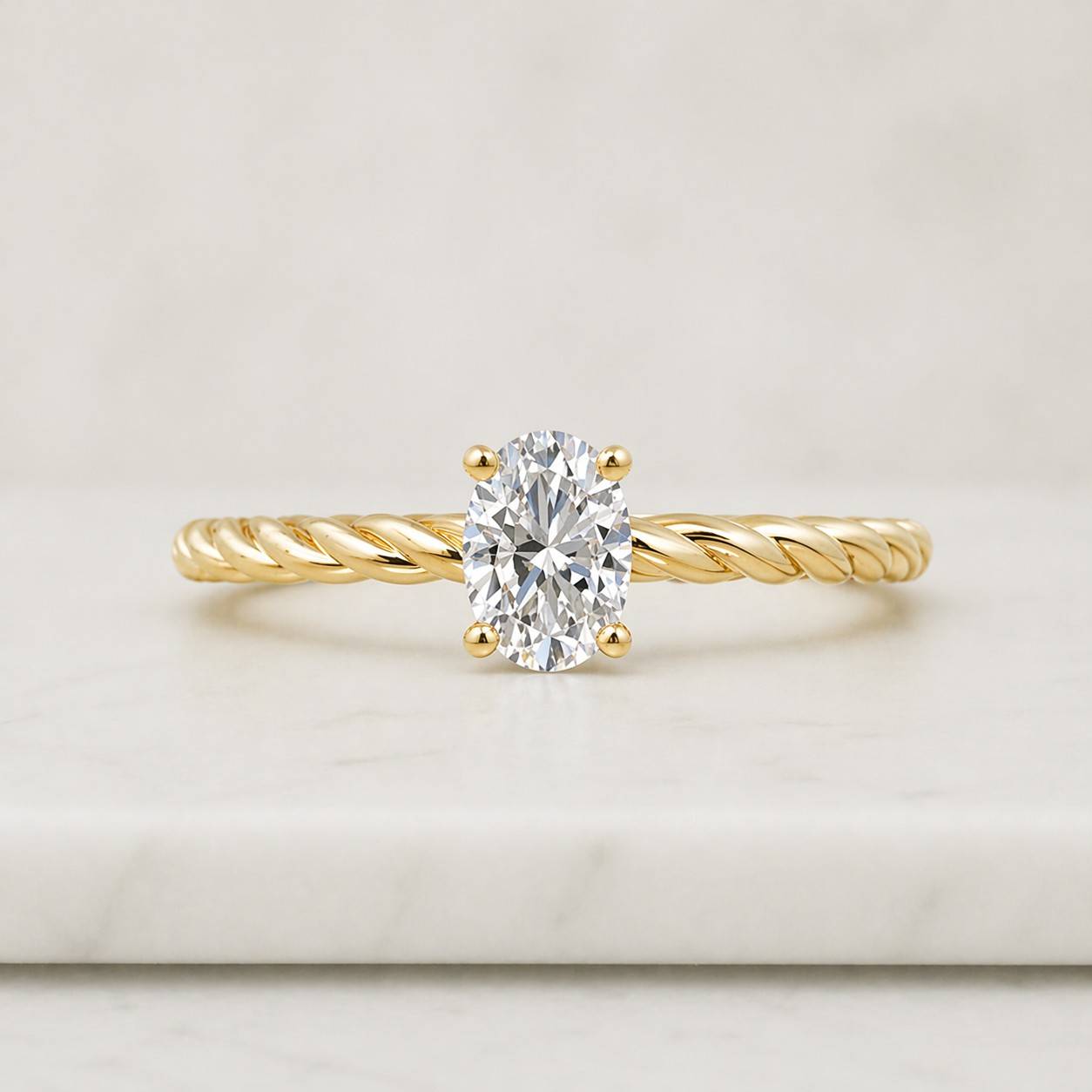 oval moissanite ring, gold plated twisted rope band, solitaire engagement bridal jewelry