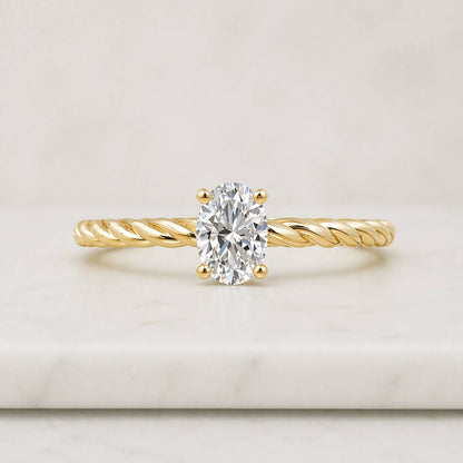 Oval Moissanite Ring, Gold Plated Twisted Rope Band, Solitaire Engagement Bridal Jewelry