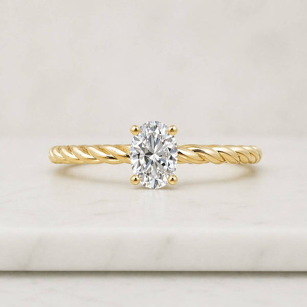 Oval Moissanite Ring, Gold Plated Twisted Rope Band, Solitaire Engagement Bridal Jewelry