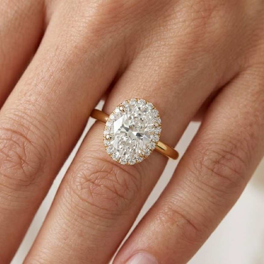 2.50 carat oval cut lab diamond halo ring, pave set lab grown diamond accent ring, prong set diamond ring, 14k white gold anniversary ring